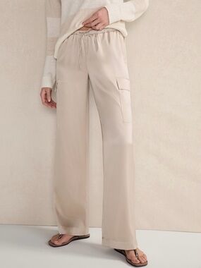 NEW Wayf NeutralBeige Wide-Leg Harbour Cargo Satin Like Elastic Drawstring Waist